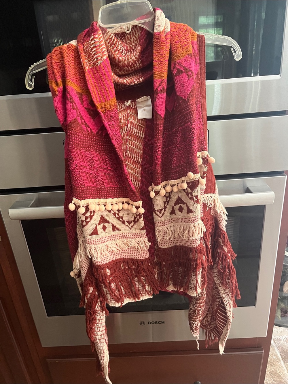 Moth Multicolor Pink Red Boho Fringe Poncho Shrug